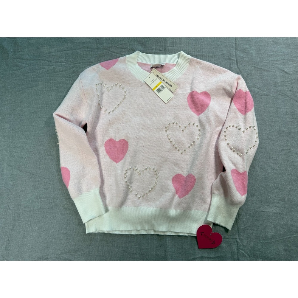 NWT Nanette Lepore Sweater kids Medium Light Pink Heart Pearl Knitted Pullover